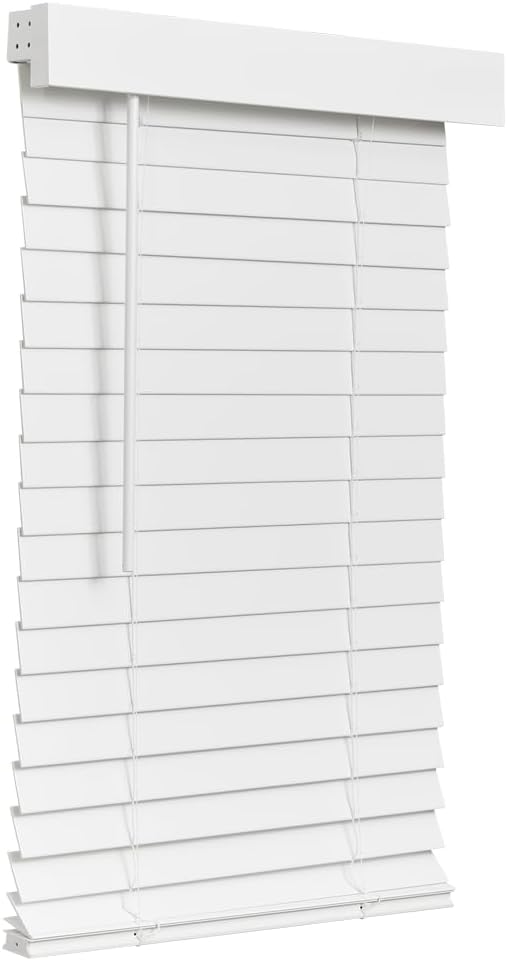 Lotus & Windoware Cordless Faux Wood Blind, Smooth, Bright White, Privacy Slats, Blinds for Indoor Windows, 35" Wide x 54" Long