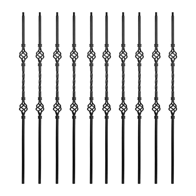Iron Balusters for Staircase Interior (Box of 10) Stair Spindles 1/2" Square Balusters - Hollow Double Basket Single Twist Stair Balusters (Real Satin Black), E06