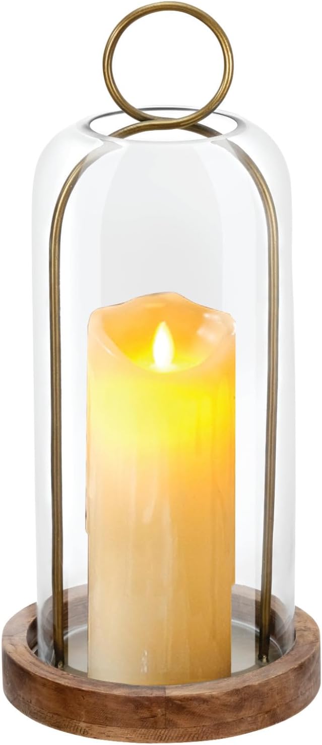 16" High Versatile Vintage Brass Metal Candle Holder with Handmade Sturdy Glass Dome and Natural Wooden Base for Pillar Candle & Plants, Industrial, Farmhouse, Shabby Chic, Display Cloche Bell Jars