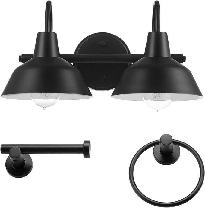 Globe Electric 65554 Barnyard 3-Light Vanity Light, Matte Black, White Interior Shades