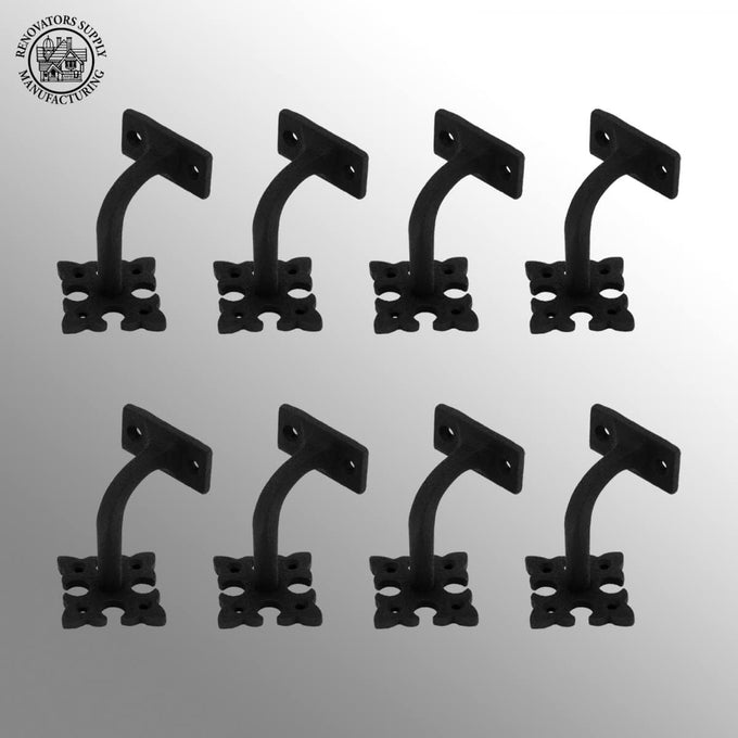 Renovators Supply Black Cast Iron Stair Handrail Bracket Black Powder Coat Finish Decorative Fleur De Lis Brackets for Stairway Support Easy Install Railing Bracket with Mounting Hardware Pack of 8