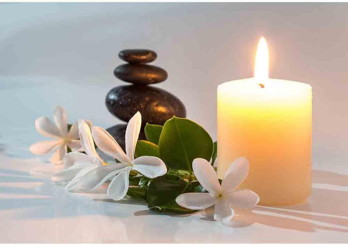 wall26 - Tiare Flowers, Candle and Black Stone Spa - Removable Wall Mural | Self-Adhesive Large Wallpaper - 66x96 inches