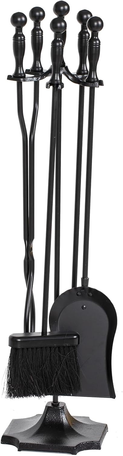 nalone 5 Pieces Fireplace Tools Set, Heavy Duty Wrought Iron Fireplace Accessories Set with Poker, Tong, Shovel, Brush, Fire Place Tools Indoor Outdoor (Black)