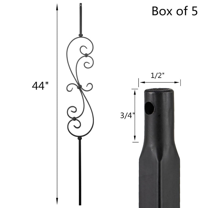 S10 - Wrought Iron Balusters – Set of 5 Deck Balusters - Decorative Metal Balusters for Decks – S Scroll - 1/2-inch Hollow Iron Spindles – Satin Black Metal Railing