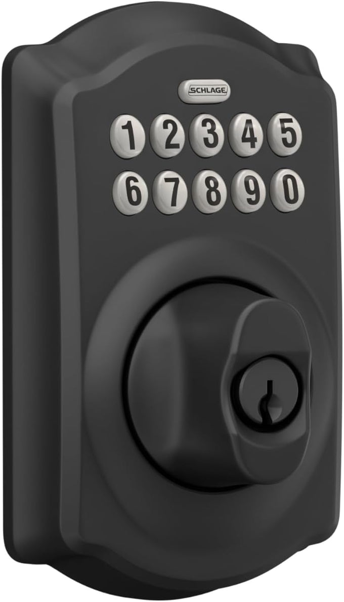 Schlage Electronic Keypad Deadbolt Lock, Camelot Trim, Matte Black