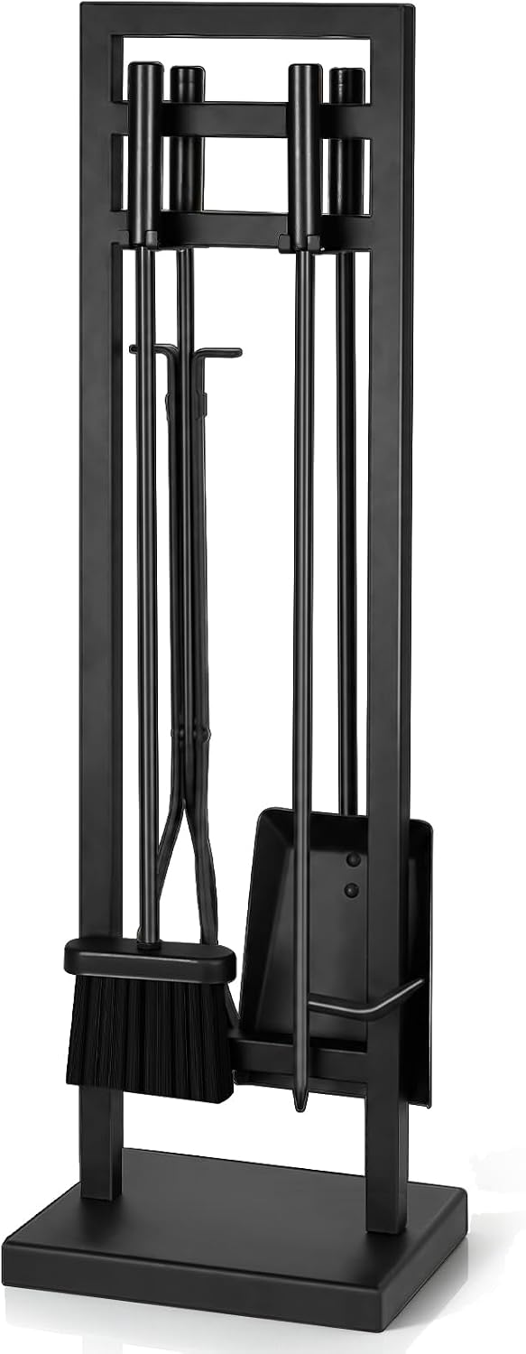 FEED GARDEN 5-Piece Fireplace Tool Set, 30" One-Piece Stand, Wrought Iron