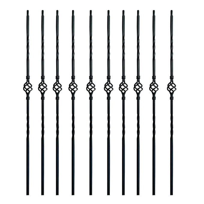 Iron Balusters for Staircase Interior (Box of 10) Stair Spindles 1/2" Square Balusters - Hollow Double Basket Single Twist Stair Balusters (Real Satin Black), E06