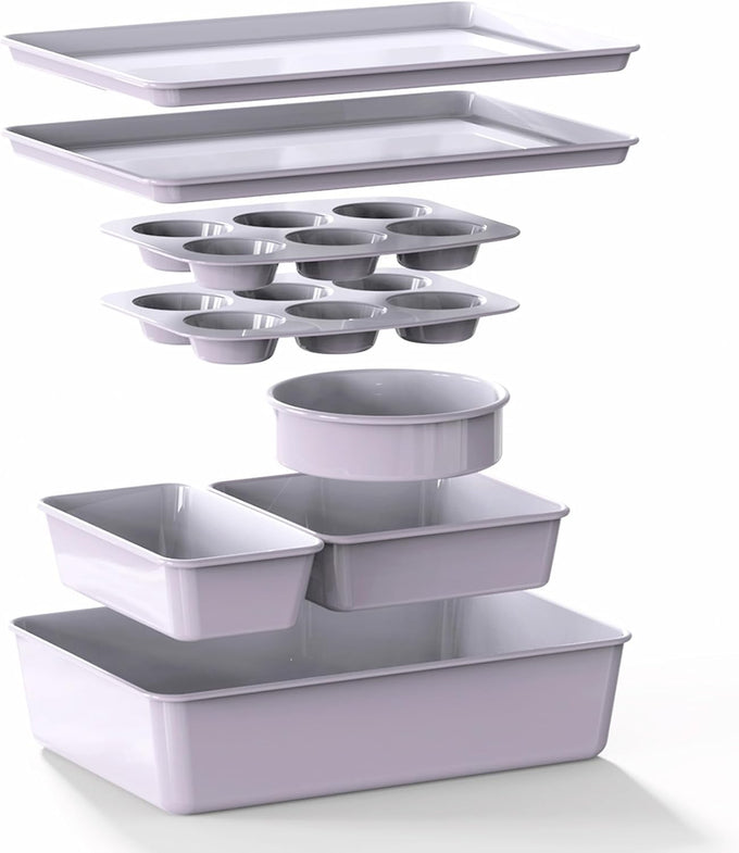Larder & Vine 8-Piece Stackable Bakeware Set, Ceramic-Coated Nonstick Baking Pan Set, Non-Toxic, with Baking Sheets, Muffin Pan, Loaf Pan & Cake Pans, French Gray