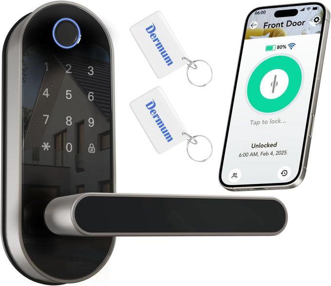 Keyless Entry Fingerprint Digital Smart Lock with Handle & Keypad: Electronic/Electric Lock with Code, App Control Biometric Deadbolt Door Knob for Front, Interior, Exterior & Bedroom Door (Silver)