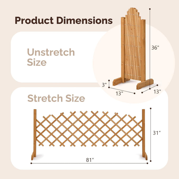 VINGLI 2Pcs Expandable Garden Fence with Arched Top, 31.5in Freestanding Lattice Fence, Solid Wood Retractable Trellis, Instant Room Divider, Extentable Pet Gate for Home Patio Yard (Teak)