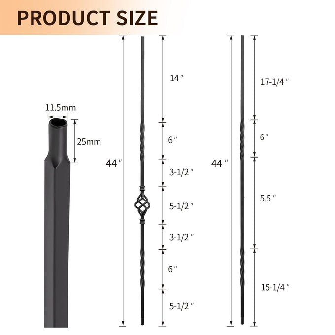 16 Pack Iron Balusters for Staircase Interior W/ 32 Pack Baluster Shoes, 1/2" x 44" Wrought Iron Baluster Stair Balusters,Hollow Metal Balusters Stair Spindles for Staircase Decks Balusters Indoor