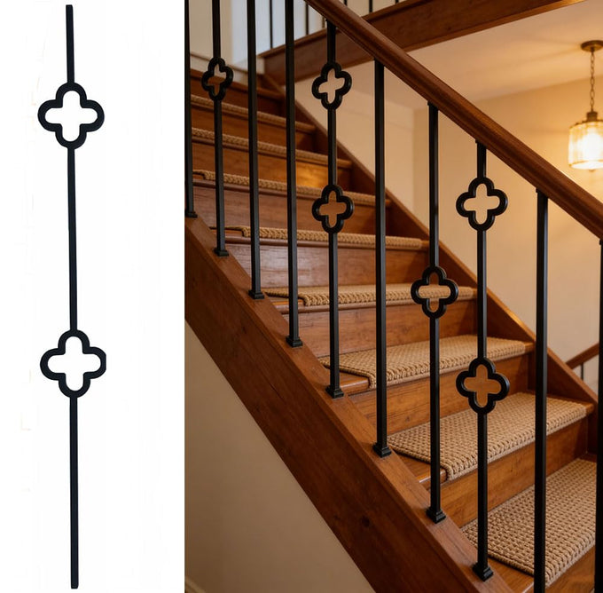 Round 5/8" *44" Hollow Metal Staircase Balusters Matt Black, 10 Pcs/Pack (5Pcs Plain with Single Brass Ball + 5Pcs Plain Double Brass Ball), Wrought Iron Balusters for Interior Stair Railing.