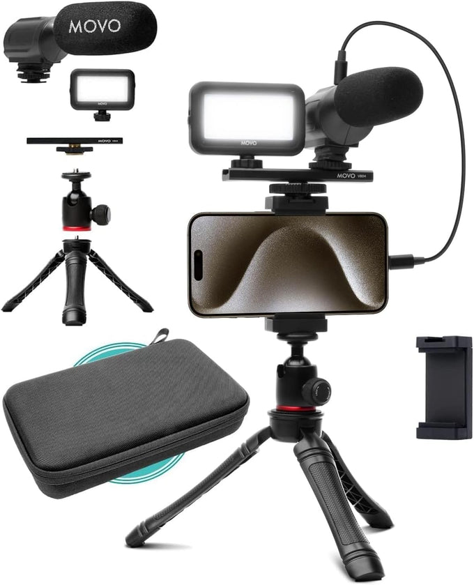 Movo iVlogger Vlogging Kit for iPhone - Lightning Compatible YouTube Starter Kit for Content Creators - Accessories: Phone Tripod, Phone Mount, LED Light and Shotgun Microphone