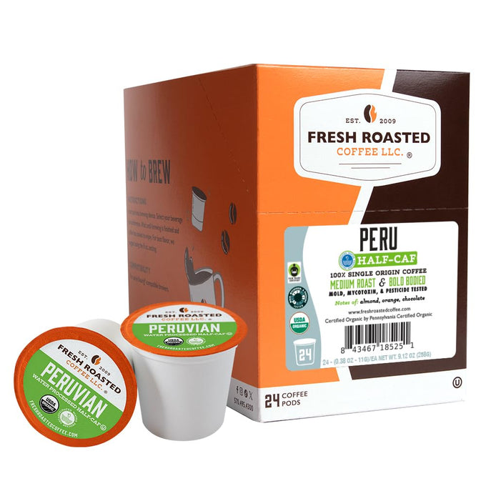 Fresh Roasted Coffee, Organic Water-Processed Half-caf Variety Pack K-Cup Pods for Keurig Brewers, Medium Roast, USDA Organic, Kosher, 96 Count Loose Pack