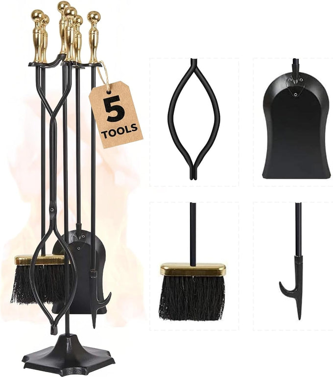 AMAGABELI Garden & Home 5 Pcs Fireplace Tools Brass Handles Wrought Iron Set Holder Indoor Outdoor Fireset Fire Pit Stand Rustic Tongs Shovel Brush Chimney Poker Wood Stove Hearth Accessories Kit