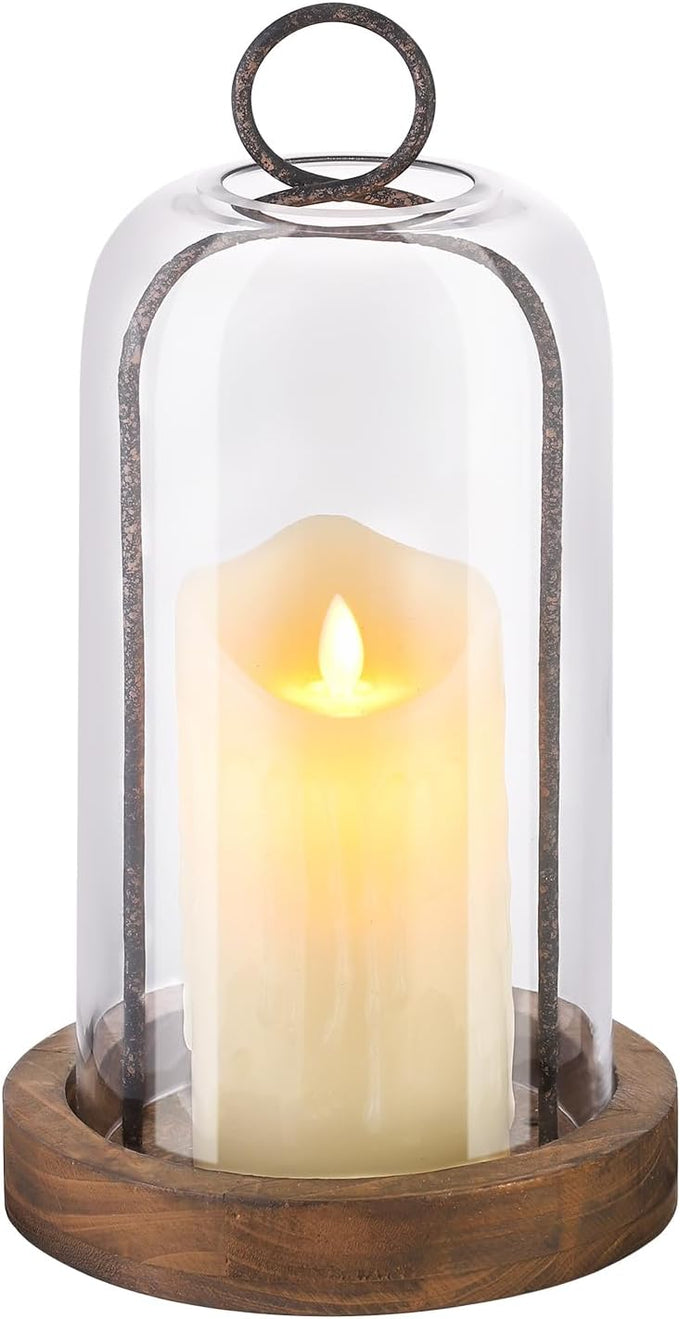 16" High Versatile Vintage Brass Metal Candle Holder with Handmade Sturdy Glass Dome and Natural Wooden Base for Pillar Candle & Plants, Industrial, Farmhouse, Shabby Chic, Display Cloche Bell Jars