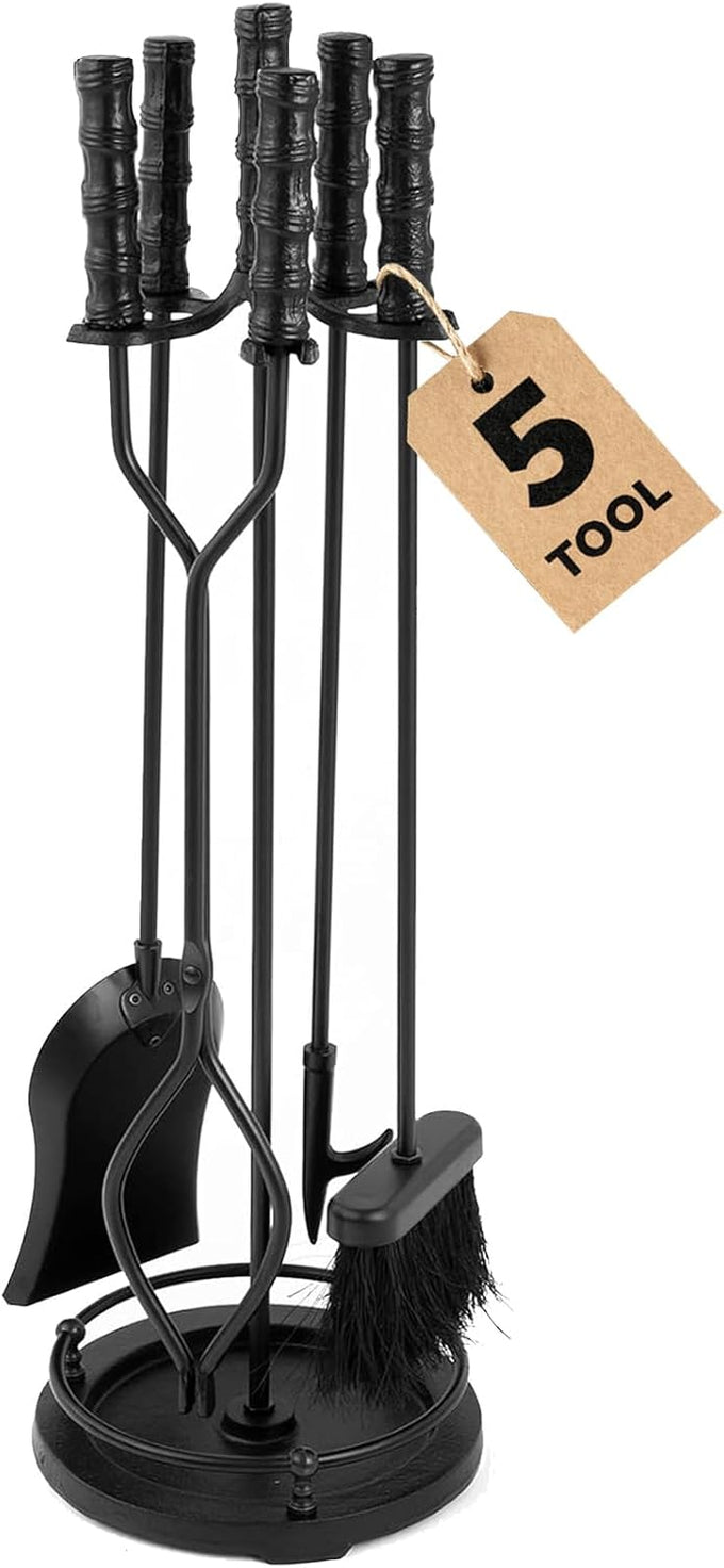 AMAGABELI GARDEN & HOME Fireplace Tools Set 5 Pcs Wrought Iron Indoor with Stand for Fire Place Kit Holder Wood Stove Hearth Accessories Chimney Fire Pit Tongs Shovel Brush Poker Fireset Outdoor Brass