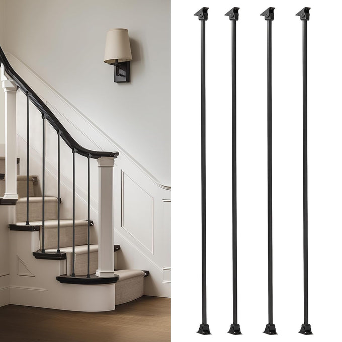 Balusters for Staircase Interior - Stair Railing Spindles, Iron Banister, Hollow Square, 1/2inch x 44inch, Crescent and Straight Balusters and Swivel Shoes (Pack of 10), Satin Black