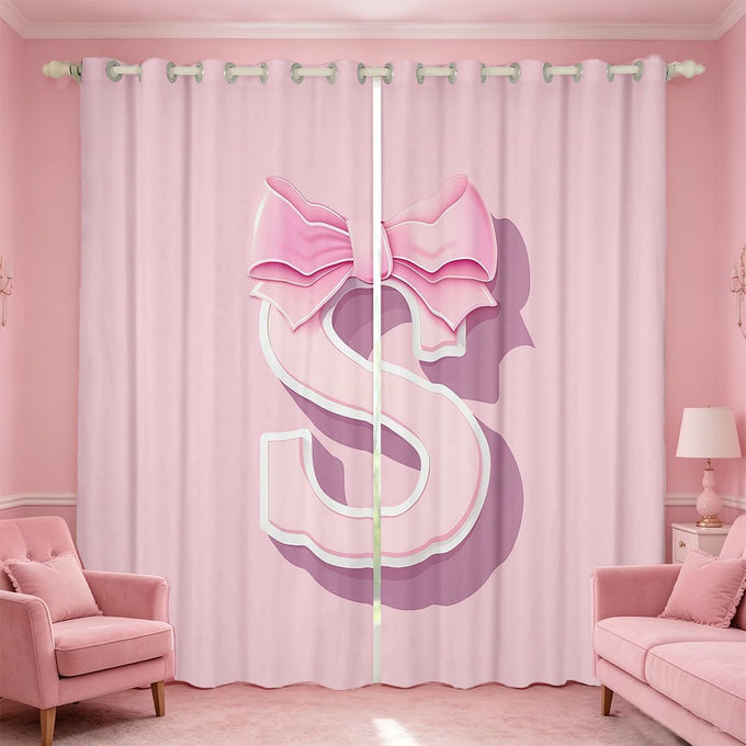 jejeloiu Pink Bowknot Blackout Curtain,(2 Panels,52 x 90 Inch),Gifts Women Teen Girl Initial Letter K Curtains for Bedroom Living Room,Girly Romantic Blackout Curtains,Window Treatments
