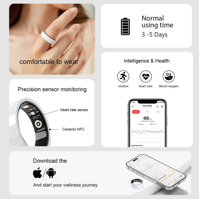 Smart Ring for Women Men Without Subscription Ceramic Design Health Tracking smart Ring for Sleep, Heart Rate, Stress & Activity Tracking (White, 9)