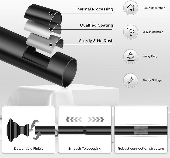 2 Pack Curtain Rod 36-90 Inch, 1Inch Adjustable Square Black Curtain Rod
