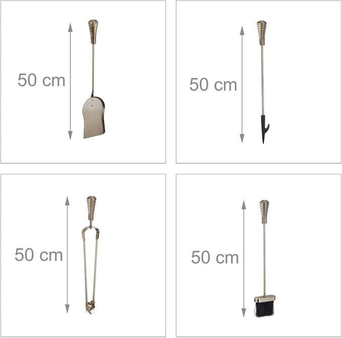 Relaxdays Fireplace Companion Set of 5 Poker Ash Shovel Broom Tongs & Stand Fireplace Set Steel Gold