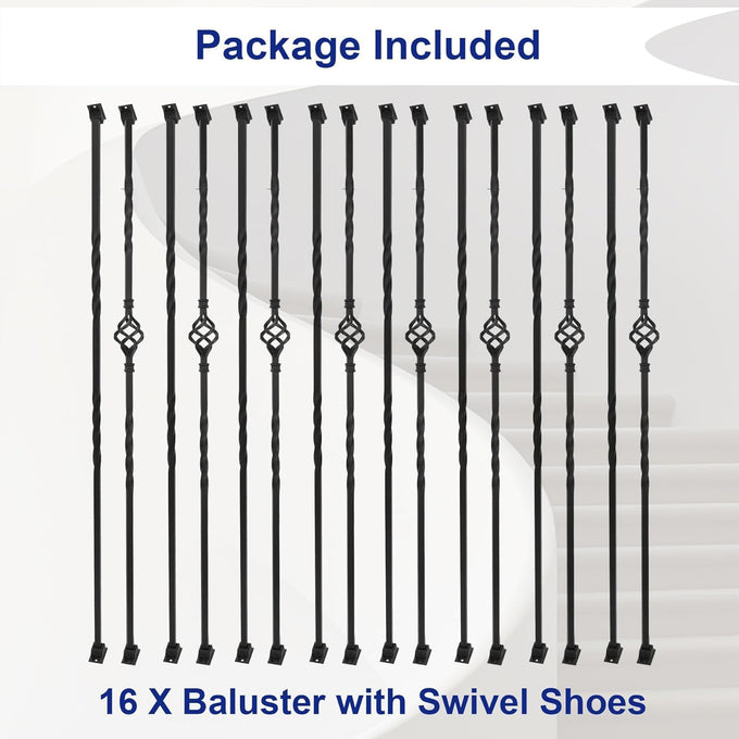 Sidasu 16-Pack Wrought Iron Stair Balusters, 44" Basket Twist Design