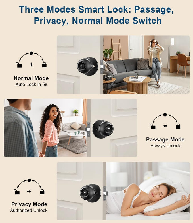 Smart Fingerprint Door Knob with Keypad, Fingerprint Door Lock, Matte Black