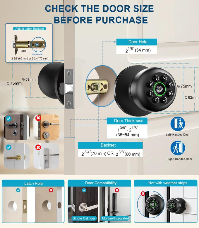 Smart Fingerprint Door Knob with Keypad, Fingerprint Door Lock, Matte Black