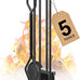 Gtongoko Fireplace Tools Set 5 Pcs 30.5 Inch Black Wrought Iron Large Fire Place Tool Set Indoor/Outdoor Include Poker, Shovel, Brush, Tong and Round Stand, Fireplace Kit Accessories Set