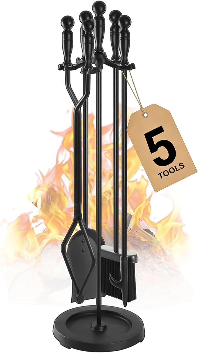 Gtongoko Fireplace Tools Set 5 Pcs 30.5 Inch Black Wrought Iron Large Fire Place Tool Set Indoor/Outdoor Include Poker, Shovel, Brush, Tong and Round Stand, Fireplace Kit Accessories Set