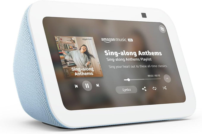 Like-New Amazon Echo Show 5 (newest model), Smart display, Designed for Alexa+, 2x the bass and clearer sound, Cloud Blue