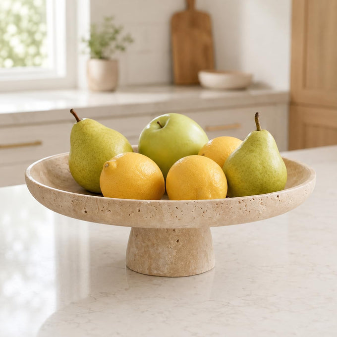 Natural Beige Travertine Pedestal Fruit Bowl, Heavyweight Geometric Diamond Faceted Stone Bowl, Modern Decorative Centerpiece Bowl for Kitchen Counter Island, Entryway Table & Dining Room