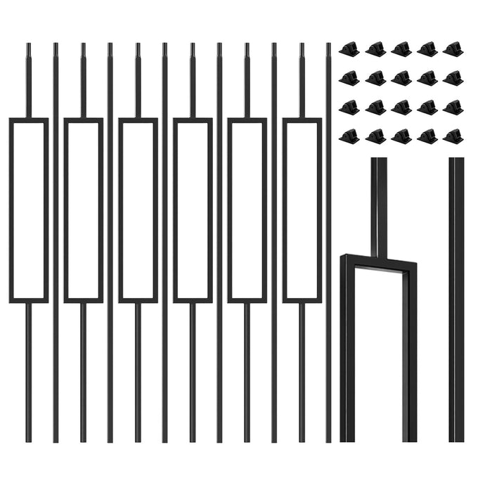16 Pack Wrought Iron Balusters for Staircase Interior, 1/2" x 44" Hollow Deck Spindles Stair Railing Indoor with 32 Fixed Swivel Shoes, Metal Double Basket Decorative Stair - Matte Black