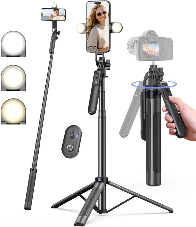 Vlogging Kit for iPhone/Android, 63”Auto Face Tracking Tripod for iPhone with Light, Wireless Microphones, Scrolling Remote Control for TikTok, Content Creator Kit for YouTube Starter