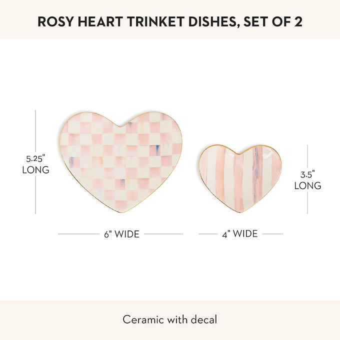 MACKENZIE-CHILDS Set of 2 Ceramic Trinket Dishes, Decorative Bowls and Jewelry Holders, Pink-and-White Rosy Heart