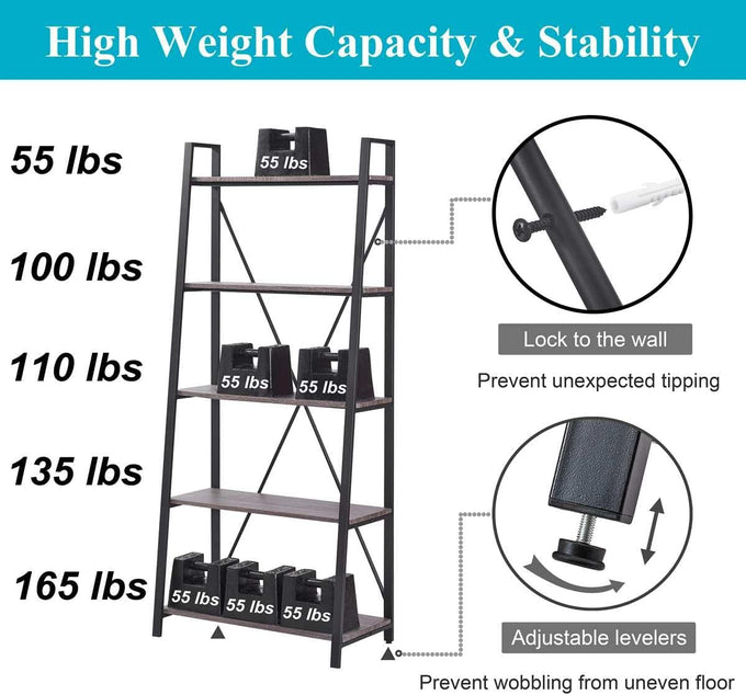 BON AUGURE 5 Tier Ladder Shelf, Leaning Bookshelf, Wood Metal Storage Shelf