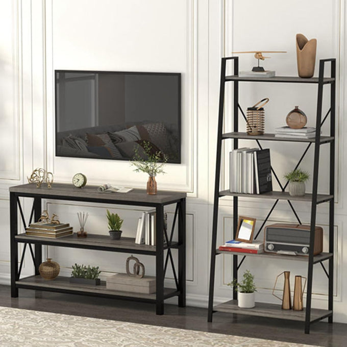 BON AUGURE 5 Tier Ladder Shelf, Leaning Bookshelf, Wood Metal Storage Shelf