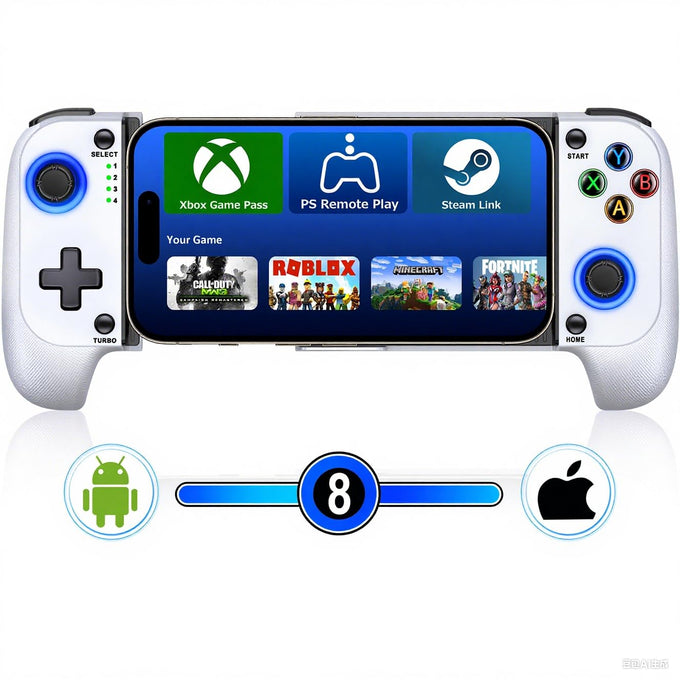 Mocagen MC1 Phone Controller for iPhone & Android – Ergonomic Grip, Low Latency, Case Friendly, Mobile Controller with Hall Effect Joysticks, Portable Travel Companion for Car/Leisure(White+Black Case)