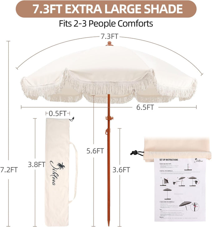 Jihfmo 7ft Cream/White Boho Fringe Beach Umbrella, 8mm Ribs, Sand Anchor