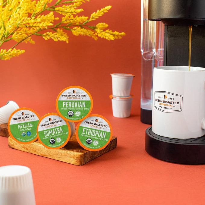 Fresh Roasted Coffee, Organic Water-Processed Half-caf Variety Pack K-Cup Pods for Keurig Brewers, Medium Roast, USDA Organic, Kosher, 96 Count Loose Pack