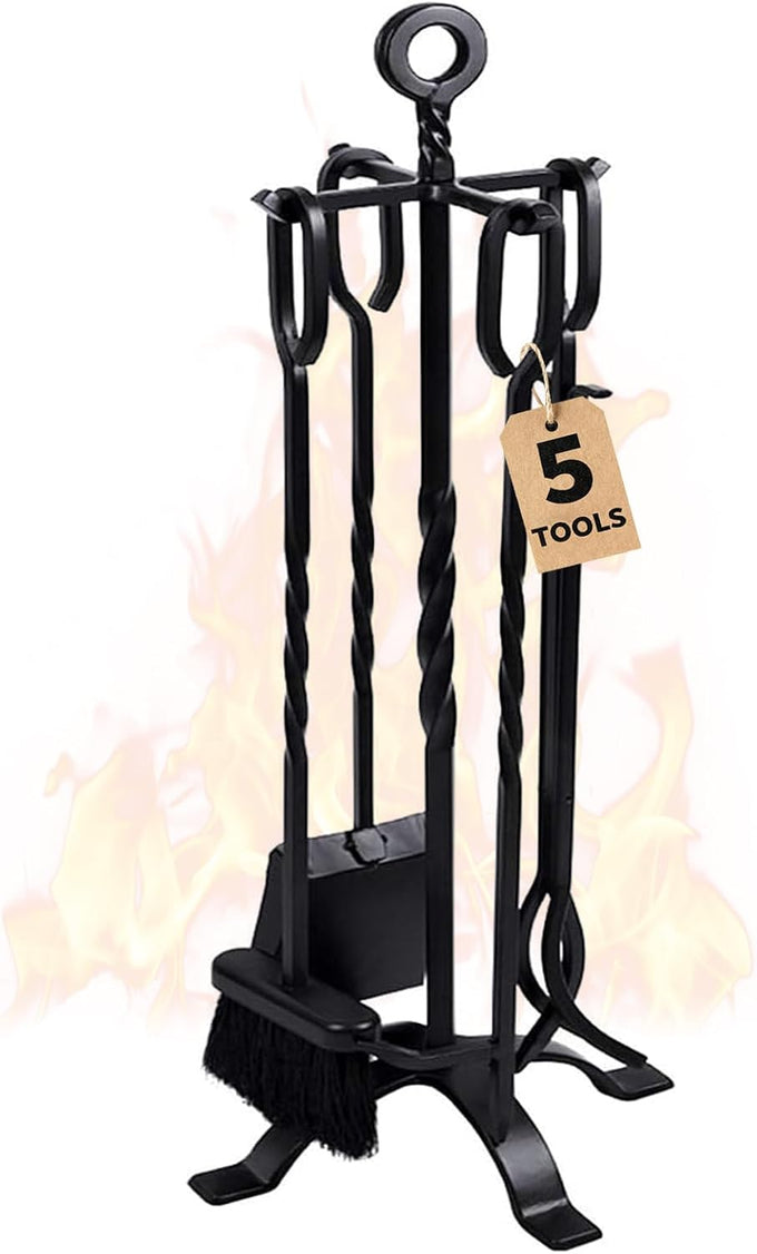Amagabeli 5 Pieces Fireplace Tools Sets Wrought Iron Indoor Fireplace Set with Poker Tongs Broom Shovel Stand Fire Tools Outdoor Rustic Fire Poker Set Fire Place Hearth Accessories Sets Antique Pewter