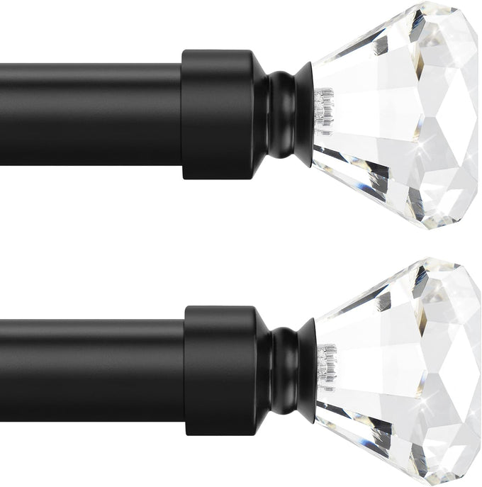 Black 2 Pack Window Treatment Single Curtain Rod, Adjustable Drapery Rod Set from 48 to 86 Inches with Crystal Finial Finials(4-7.2ft), 1-Inch Diameter Curtain Rods for Windows