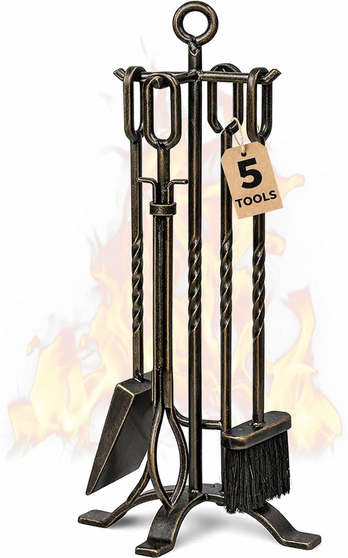 Amagabeli 5 Pieces Fireplace Tools Sets Wrought Iron Indoor Fireplace Set with Poker Tongs Broom Shovel Stand Fire Tools Outdoor Rustic Fire Poker Set Fire Place Hearth Accessories Sets Antique Pewter