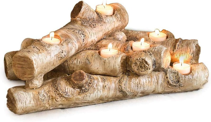Plow & Hearth Faux Birch Fireplace Candle Holder, Resin Log Insert for Fireplace Decor, Holds 8 Fireplace Candles for Inside Fireplace, Cozy Living Room Fireplace Decorations