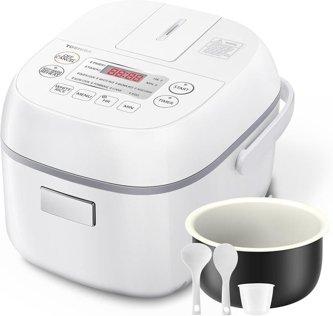 TOSHIBA Small Rice Cooker, 3-Cup Uncooked, for 1-3 People, LCD Display, 8 Cooking Functions, Nonstick Inner Pot, Grey