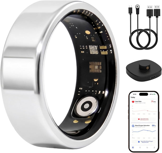 Smart Ring for Women & Men, Fitness Tracker Ring with Charging Case, Supports Heart Rate, HRV, Blood Oxygen, IP68 Waterproof, Sleep Tracking Ring for iOS and Android, No Subscription Fees(Silver 7)