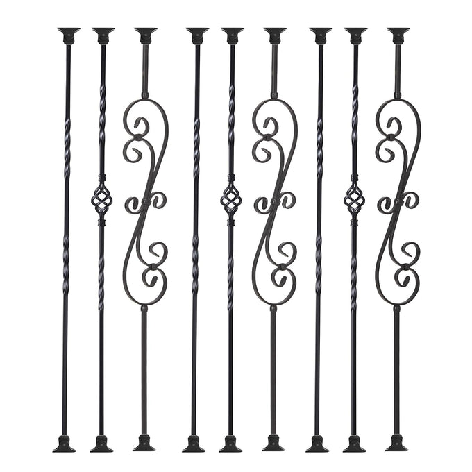 Balusters for Staircase Interior - Stair Railing Spindles, Iron Banister, Hollow Square, 1/2inch x 44inch, Crescent and Straight Balusters and Swivel Shoes (Pack of 10), Satin Black