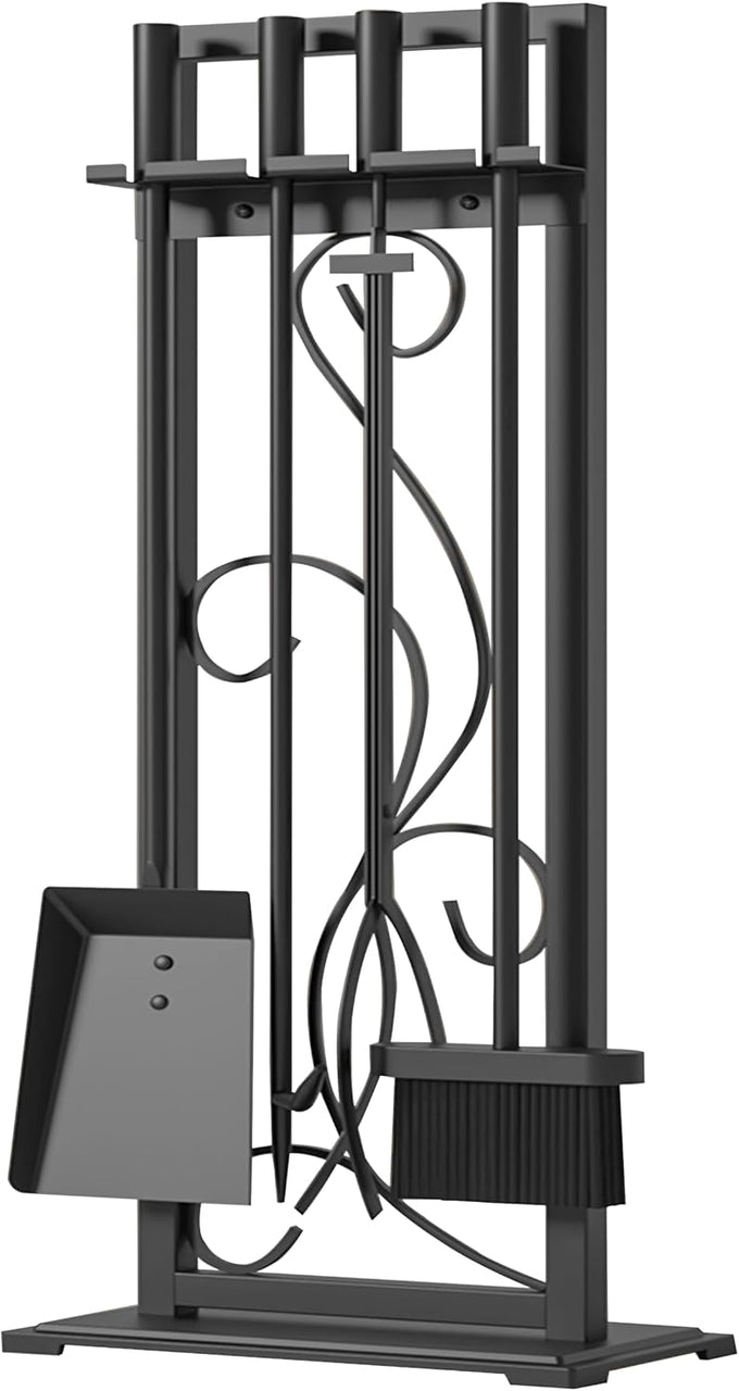Kingson 5-Piece Heavy Duty Wrought Iron Fireplace Tool Set - Durable Indoor & Outdoor Fireplace Accessories with Decorative Black Finish - Stylish and Functional Hearth Décor for Fireplaces