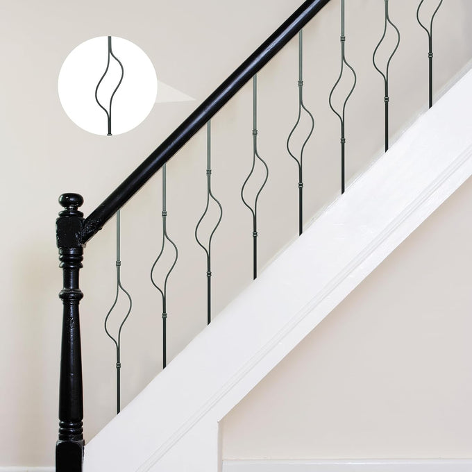 Balusters for Staircase Interior - Stair Railing Spindles, Iron Banister, Hollow Square, 1/2inch x 44inch, Crescent and Straight Balusters and Swivel Shoes (Pack of 10), Satin Black